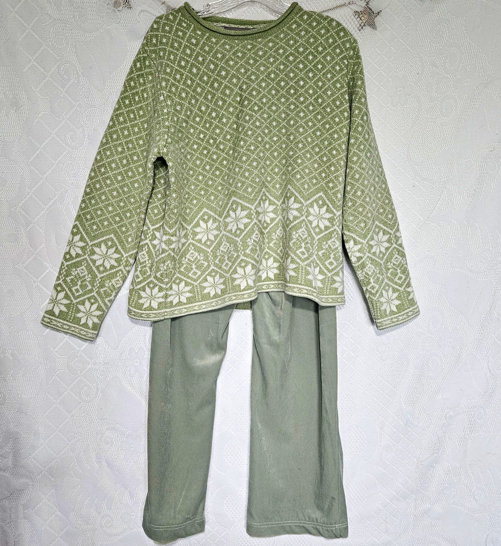Croft &Barrow Medium Nordic Fair Isle Sage Green Sweater Pant Set Cottagecore